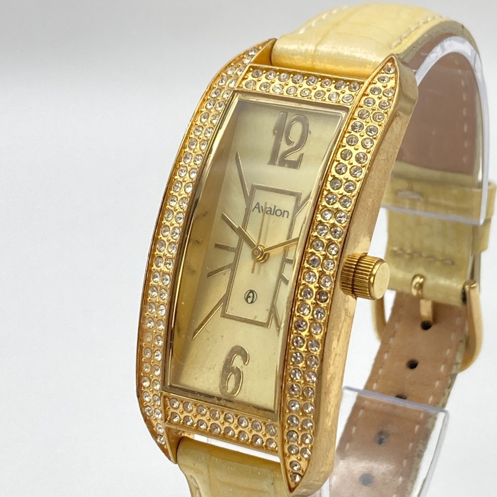 Avalon Women's Watch 22mm Gold Tone Crystals Bling Tank New Battery 8"